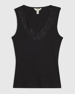 Black Cotton Blend Lace Trim Tank Top
