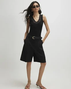 Black Cotton Blend Lace Trim Tank Top