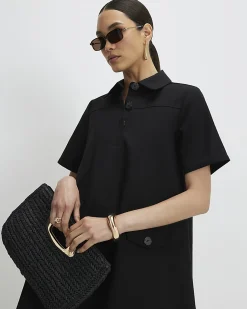 Black Cotton Blend Mini Shirt Dress