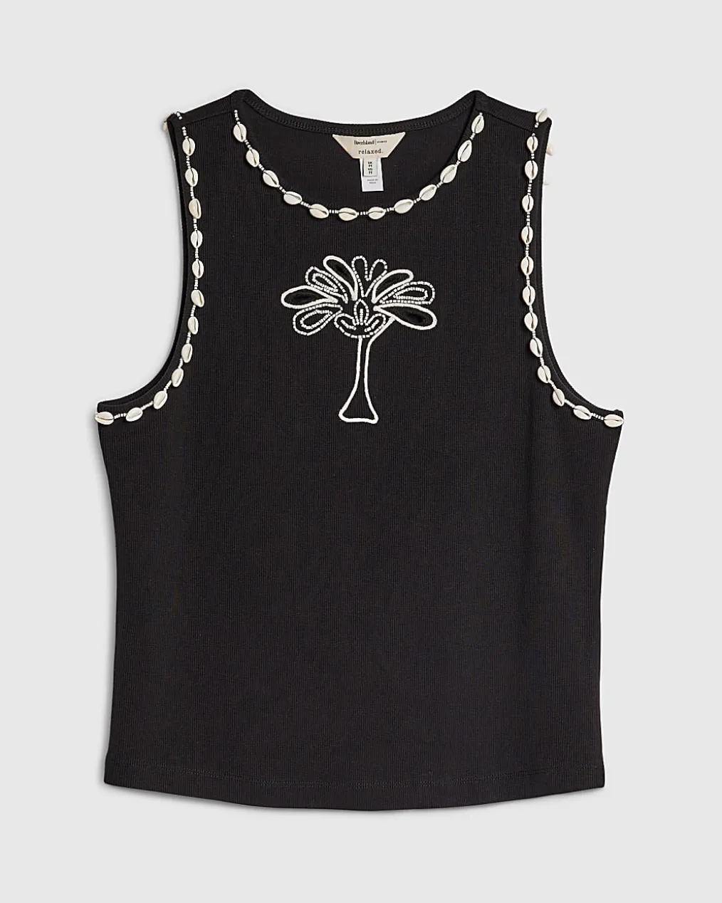 Black Cotton Blend Palm Tree Ribbed Vest Top