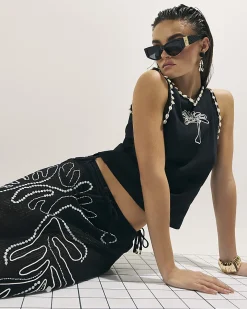 Black Cotton Blend Palm Tree Ribbed Vest Top