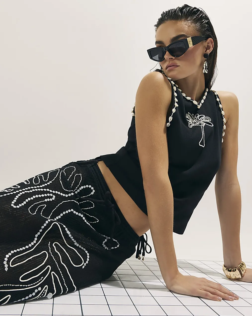 Black Cotton Blend Palm Tree Ribbed Vest Top