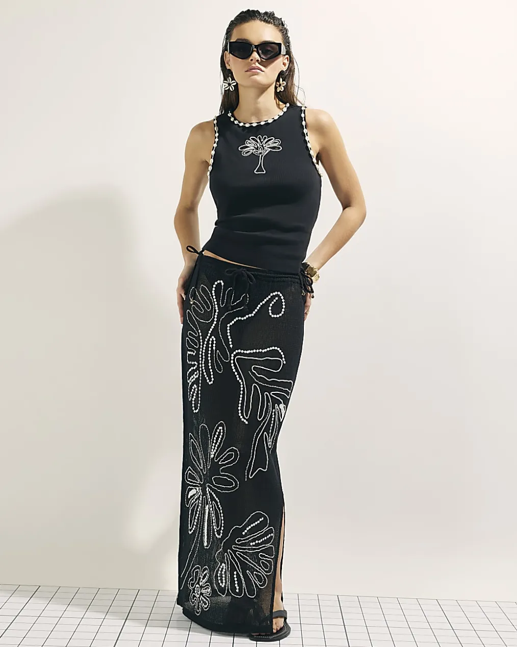 Black Cotton Blend Palm Tree Ribbed Vest Top