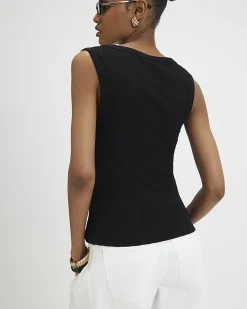 Black Cotton Blend Rib Square Neck Tank Top