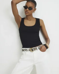 Black Cotton Blend Rib Square Neck Tank Top