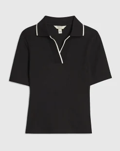 Black Cotton Blend Ribbed Polo Top