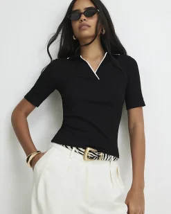 Black Cotton Blend Ribbed Polo Top