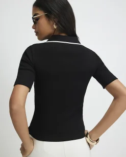 Black Cotton Blend Ribbed Polo Top