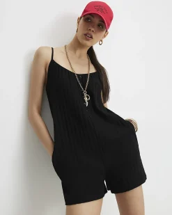 Black Cotton Blend Ribbed Button Playsuit