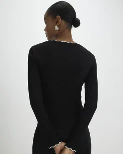 Black Cotton Blend Scallop Trim Button Top