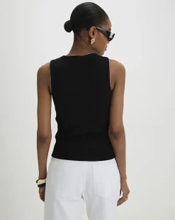 Black Cotton Blend Scallop Trim Ribbed Top