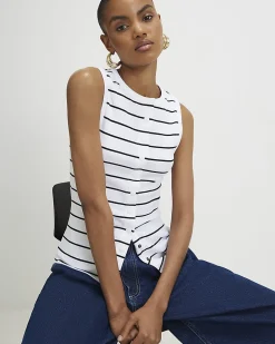Black Cotton Blend Stripe Popper Tank Top