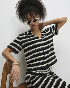 Black Cotton Blend Striped Crochet Shirt