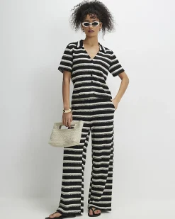Black Cotton Blend Striped Crochet Shirt