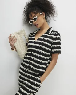 Black Cotton Blend Striped Crochet Shirt