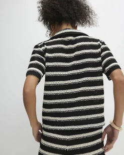 Black Cotton Blend Striped Crochet Shirt