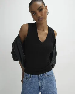 Black Cotton blend Wide Ribbed Tank Top
