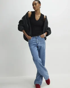 Black Cotton blend Wide Ribbed Tank Top