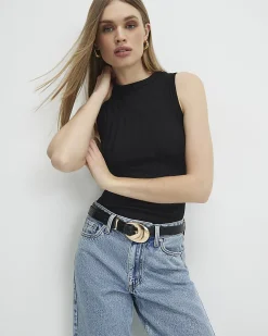 Black Cotton Blend Wide Ribbed Tank Top