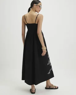 Black Cotton Broderie Tie Side Midi Dress