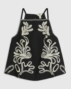 Black Cotton Embroidered Tank Top