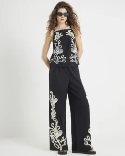 Black Cotton Embroidered Tank Top