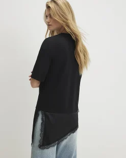 Black Cotton Lace Hem Asymmetric T-Shirt