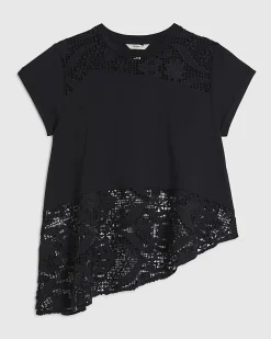 Black Cotton Lace Panel Jersey T-Shirt