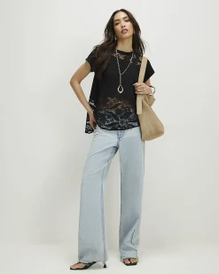 Black Cotton Lace Panel Jersey T-Shirt