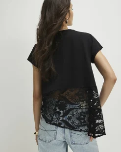 Black Cotton Lace Panel Jersey T-Shirt