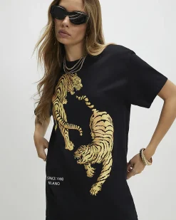 Black Cotton Mirror Print Tiger T-shirt