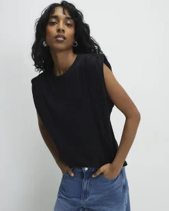 Black Cotton Premium Ruched Shoulder T-shirt