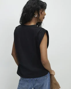 Black Cotton Premium Ruched Shoulder T-shirt