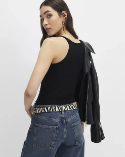 Black Cotton Ribbed Racer Front Tank Top