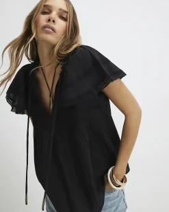 Black Cotton Ruffle Sleeve Lace Blouse