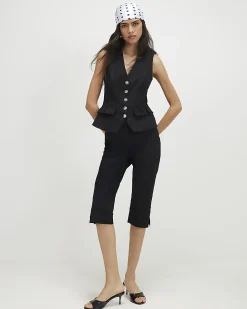 Black Cotton Sateen Capri Trousers