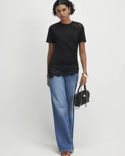 Black Cotton Short Sleeve Lace Aysmmetric Top