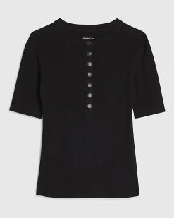 Black Cotton Short Sleeve Ribbed Popper Top