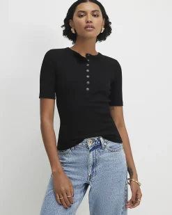 Black Cotton Short Sleeve Ribbed Popper Top