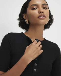 Black Cotton Short Sleeve Ribbed Popper Top