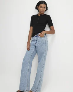 Black Cotton Short Sleeve Ribbed Popper Top
