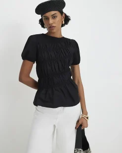 Black Cotton Short Sleeve Shirred Top