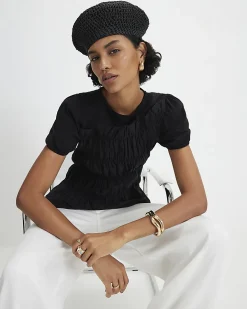 Black Cotton Short Sleeve Shirred Top
