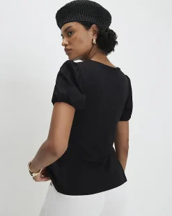 Black Cotton Short Sleeve Shirred Top