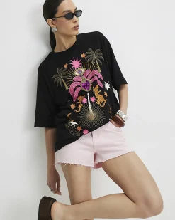 Black Cotton Short Sleeve Printed T-Shirt