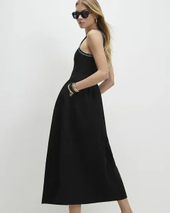 Black Cotton Sleeveless Whipstitch Maxi Dress