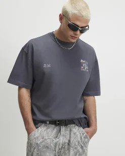 Black Cotton Washed Spliced Tiger T-Shirt