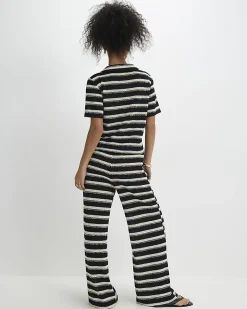 Black Crochet Stripe Wide Leg Trousers