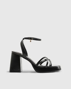 Black Cross Strap Block Heeled Sandals