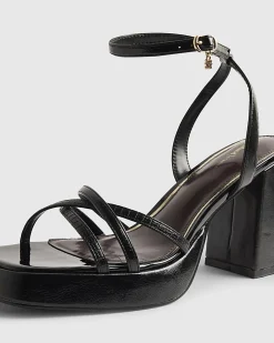 Black Cross Strap Block Heeled Sandals